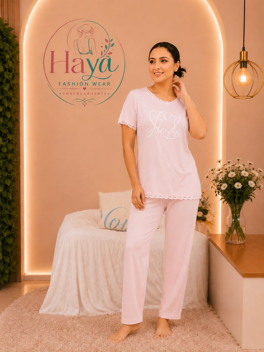Comfortable Light Pink Graphic Pajama & T-Shirt Set