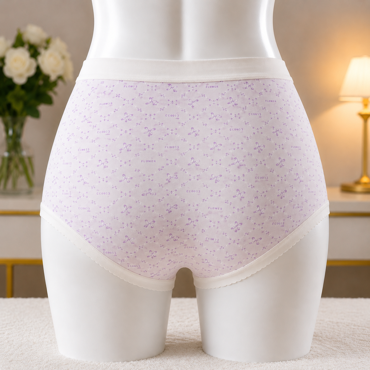 Soft Lilac Bow Pattern Women’s Cotton Underwear – High-Waist Comfortable Briefs