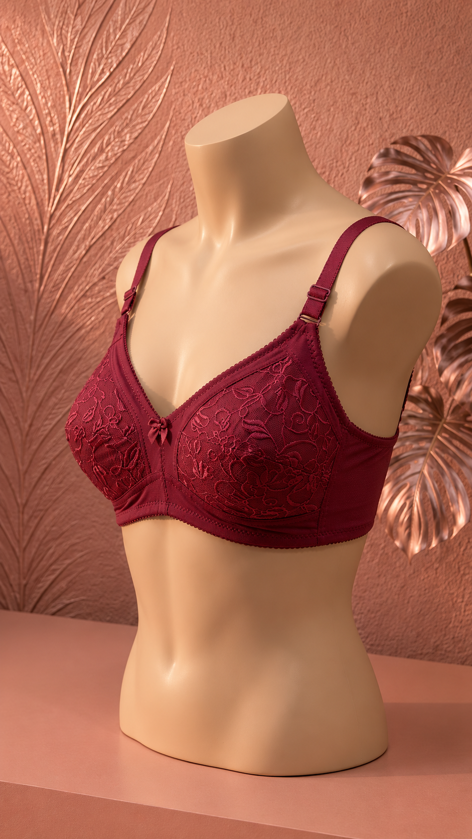 Women's Full Coverage Floral Embroidered Bra Red Wine