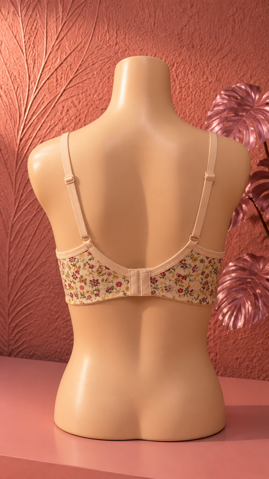 Cream Floral Print Cotton Bra for Women