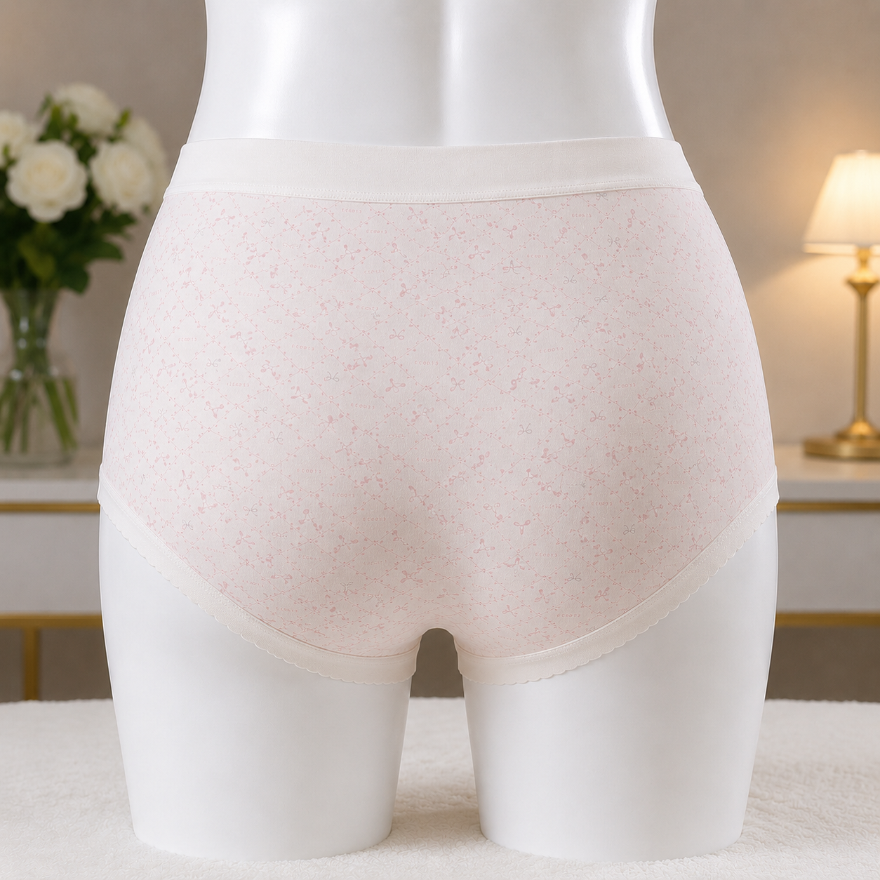 Pastel Pink Bow Pattern Women’s Cotton Underwear – High-Waist Comfortable Briefs