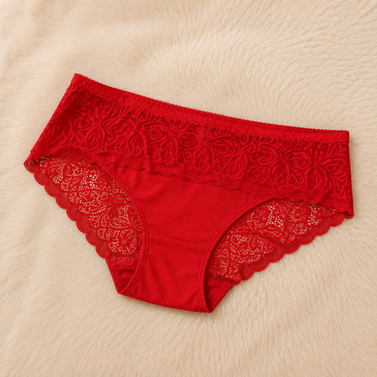 Deep red  Premium Lace Trim Briefs - Elegant Soft Cotton underwear