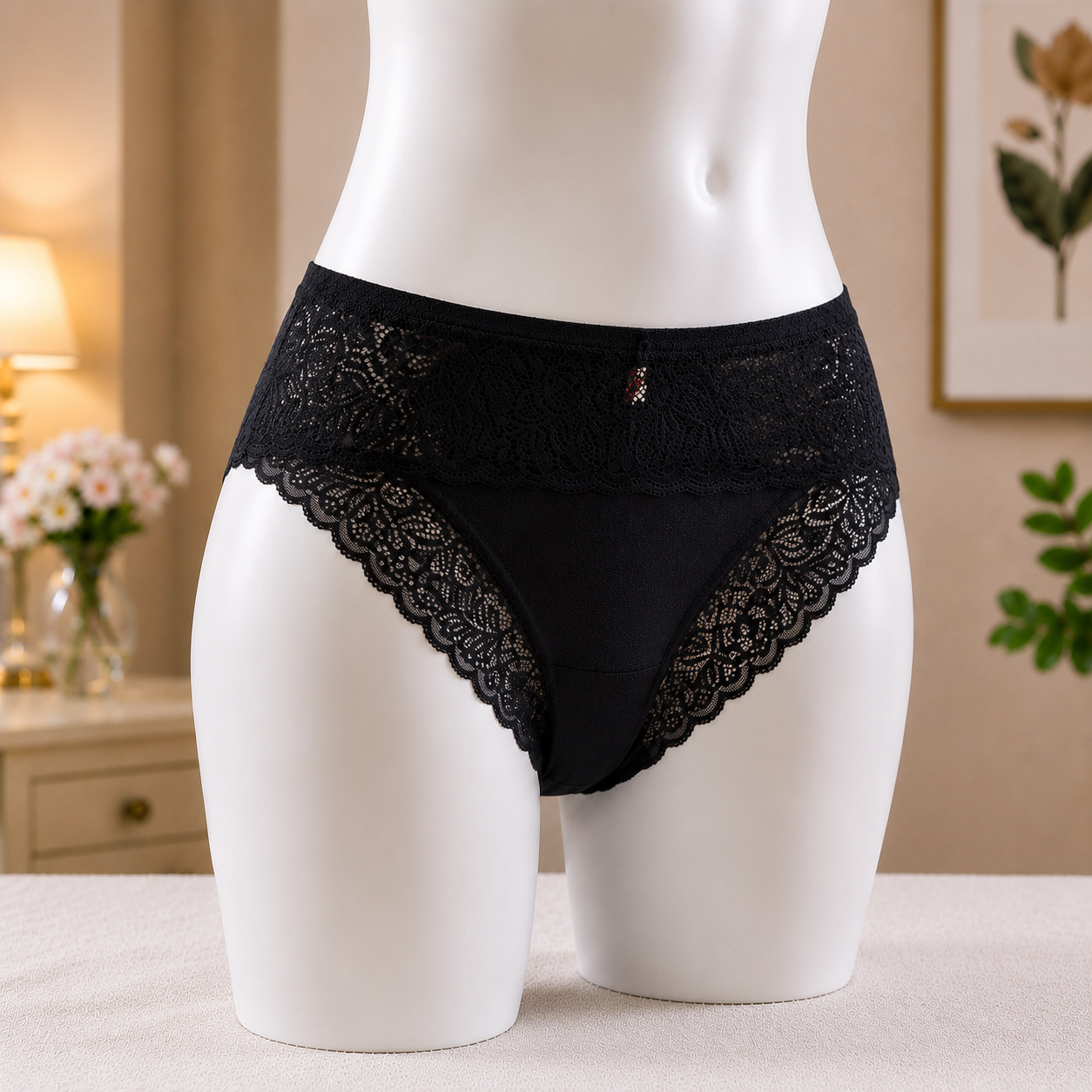 black Premium Lace Trim Briefs - Elegant Soft Cotton underwear