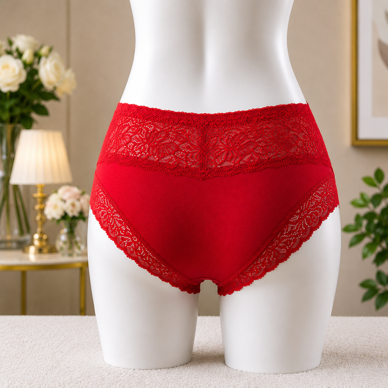 Deep red  Premium Lace Trim Briefs - Elegant Soft Cotton underwear