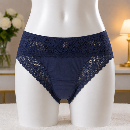 Navy Blue Premium Lace Trim Briefs - Elegant Soft Cotton underwear