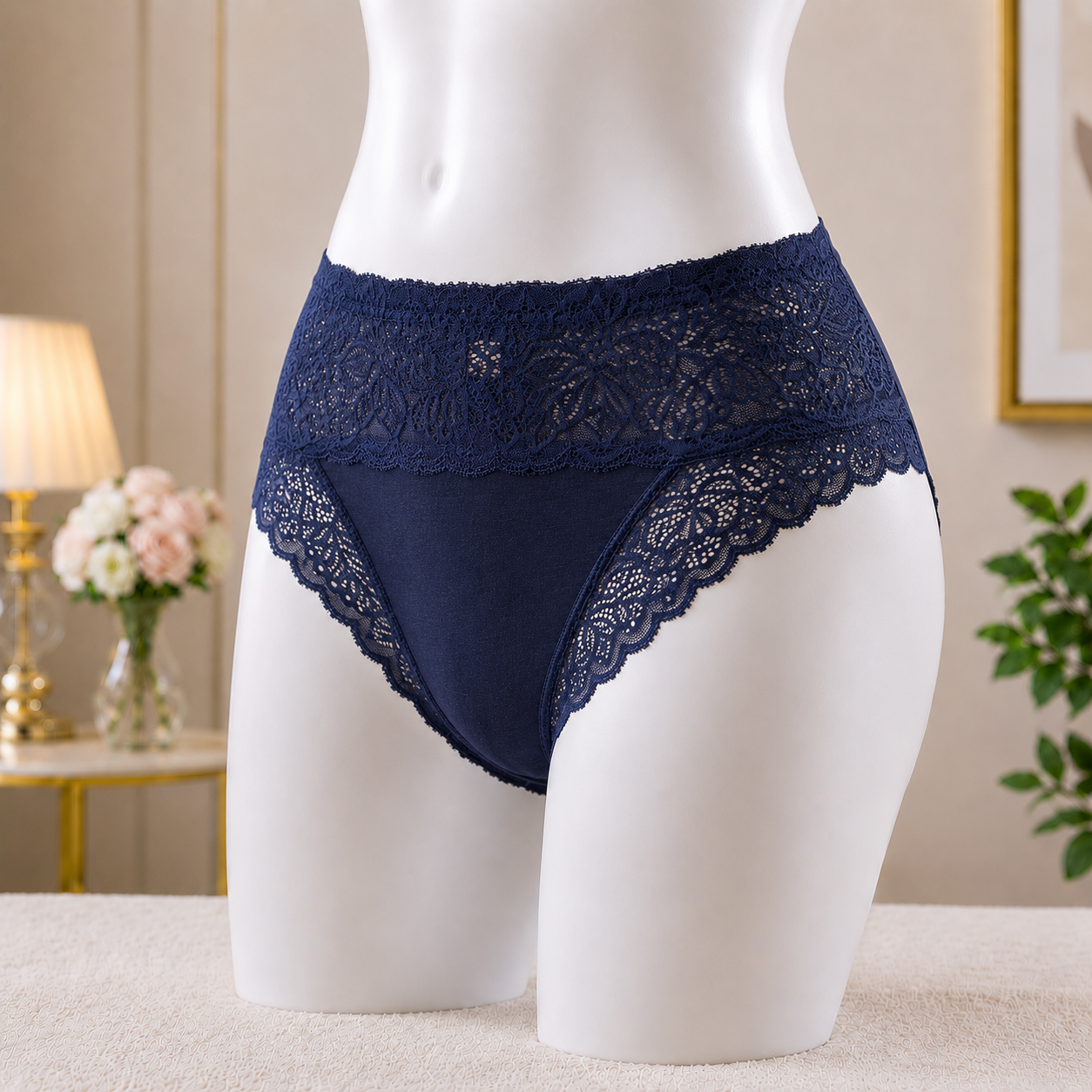 Navy Blue Premium Lace Trim Briefs - Elegant Soft Cotton underwear