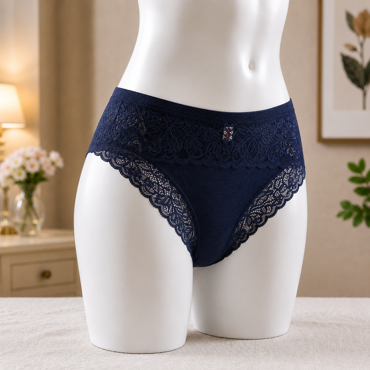 Navy Blue Premium Lace Trim Briefs - Elegant Soft Cotton underwear