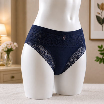 Navy Blue Premium Lace Trim Briefs - Elegant Soft Cotton underwear
