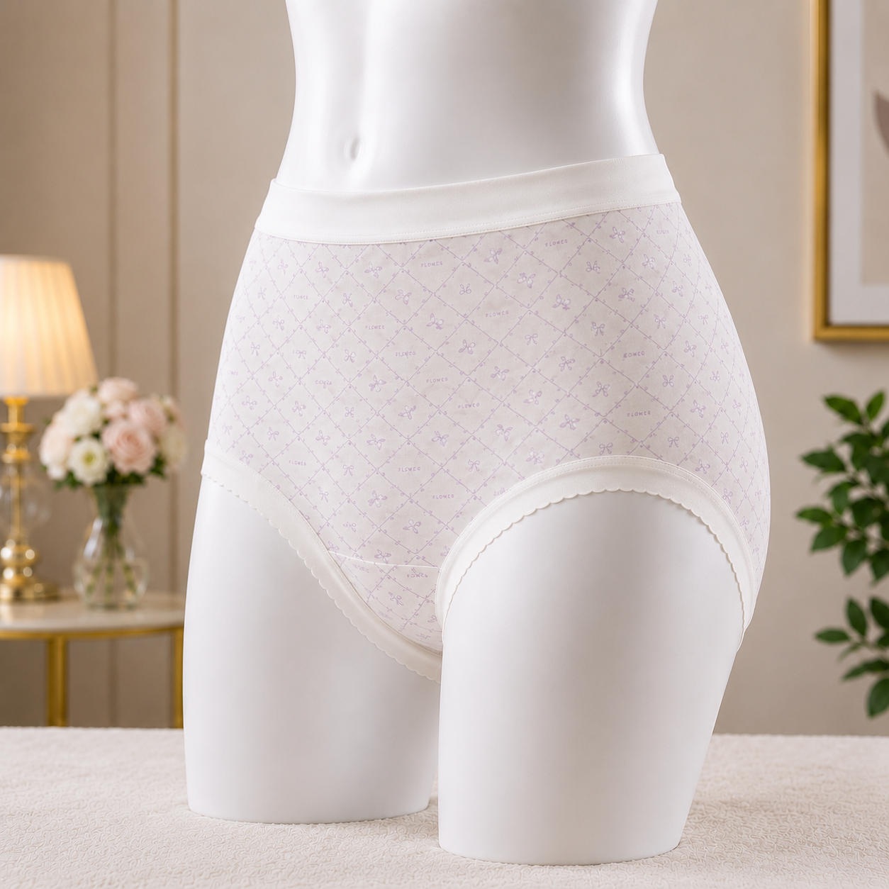 Soft Lilac  Bow Pattern Women’s Cotton Underwear  – High-Waist Comfortable Briefs