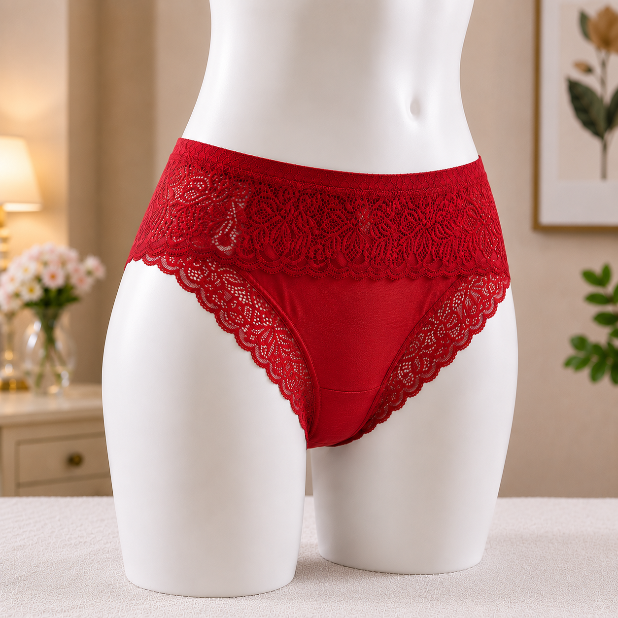 Deep red  Premium Lace Trim Briefs - Elegant Soft Cotton underwear