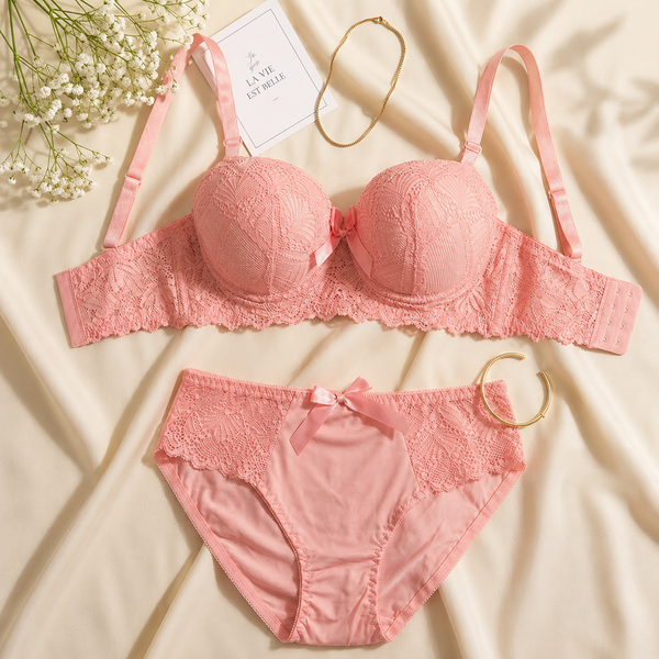 Women's Baby Pink Lace Push-Up Bra & Panty Set