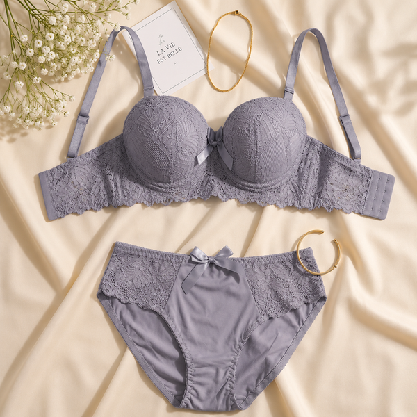 Women's Lavender Grey Lace Push-Up Bra & Panty Set