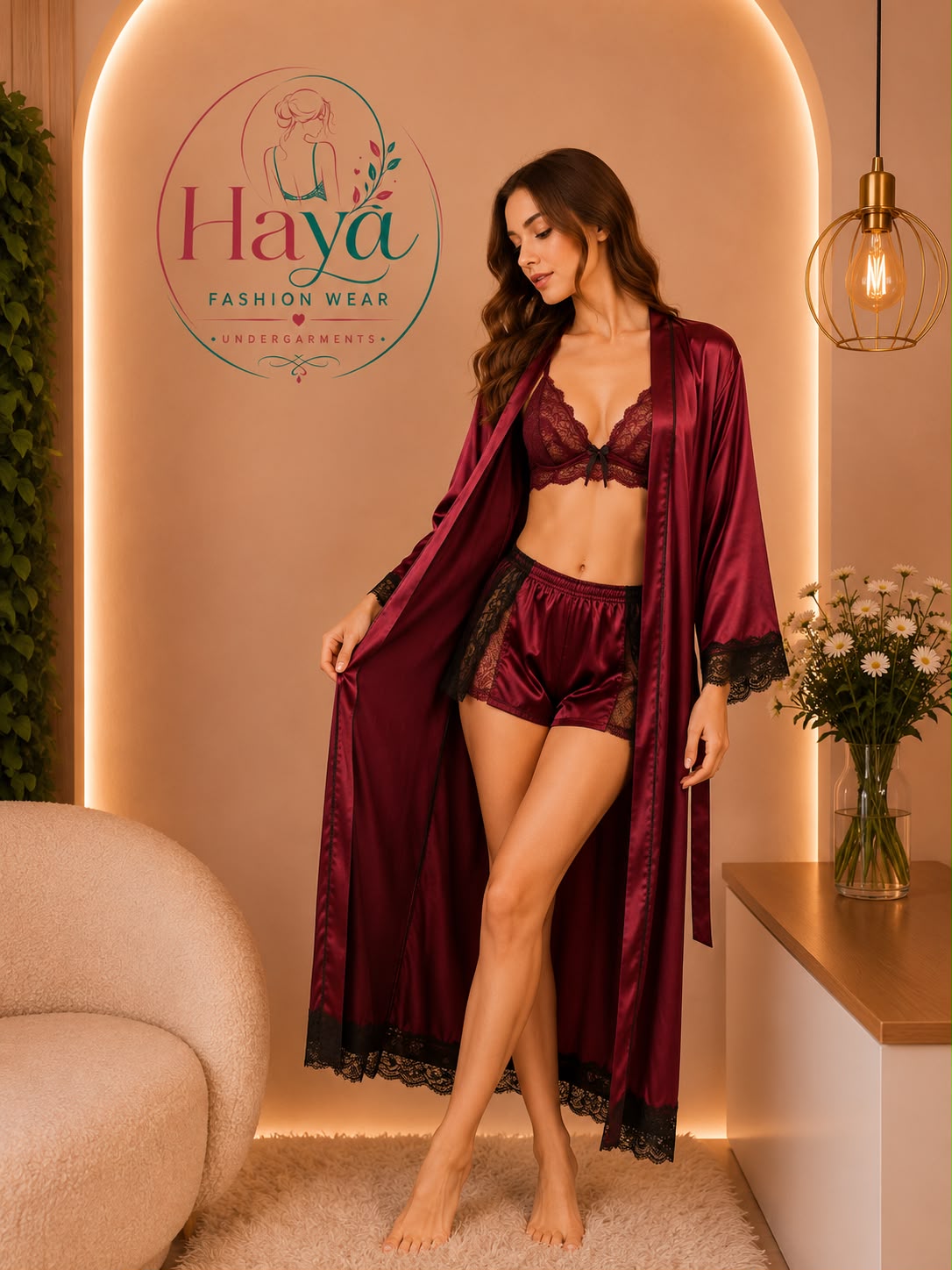Elegant Burgundy Silk-Feel Kimono Robe for Women