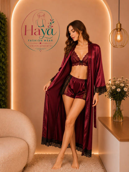 Elegant Burgundy Silk-Feel Kimono Robe for Women