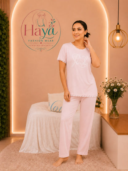 Comfortable Light Pink Graphic Pajama & T-Shirt Set