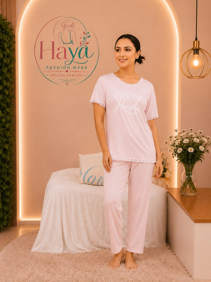 Comfortable Light Pink Graphic Pajama & T-Shirt Set