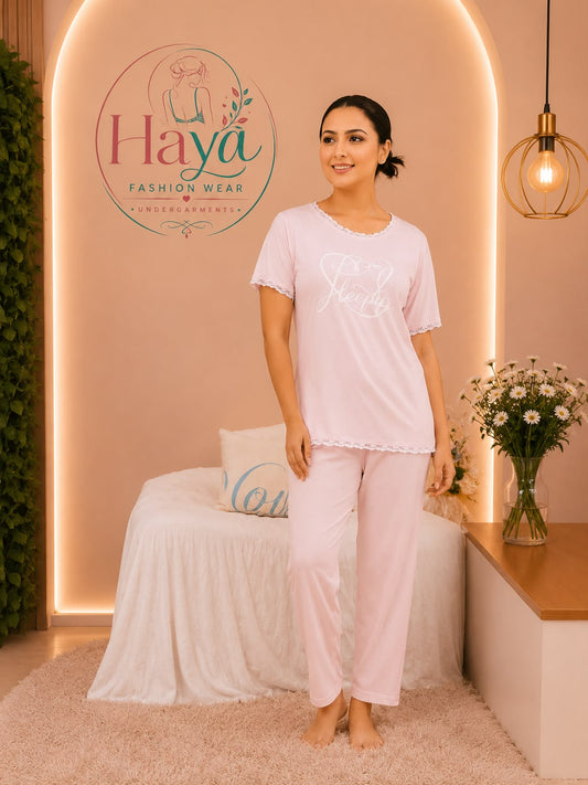 Comfortable Light Pink Graphic Pajama & T-Shirt Set