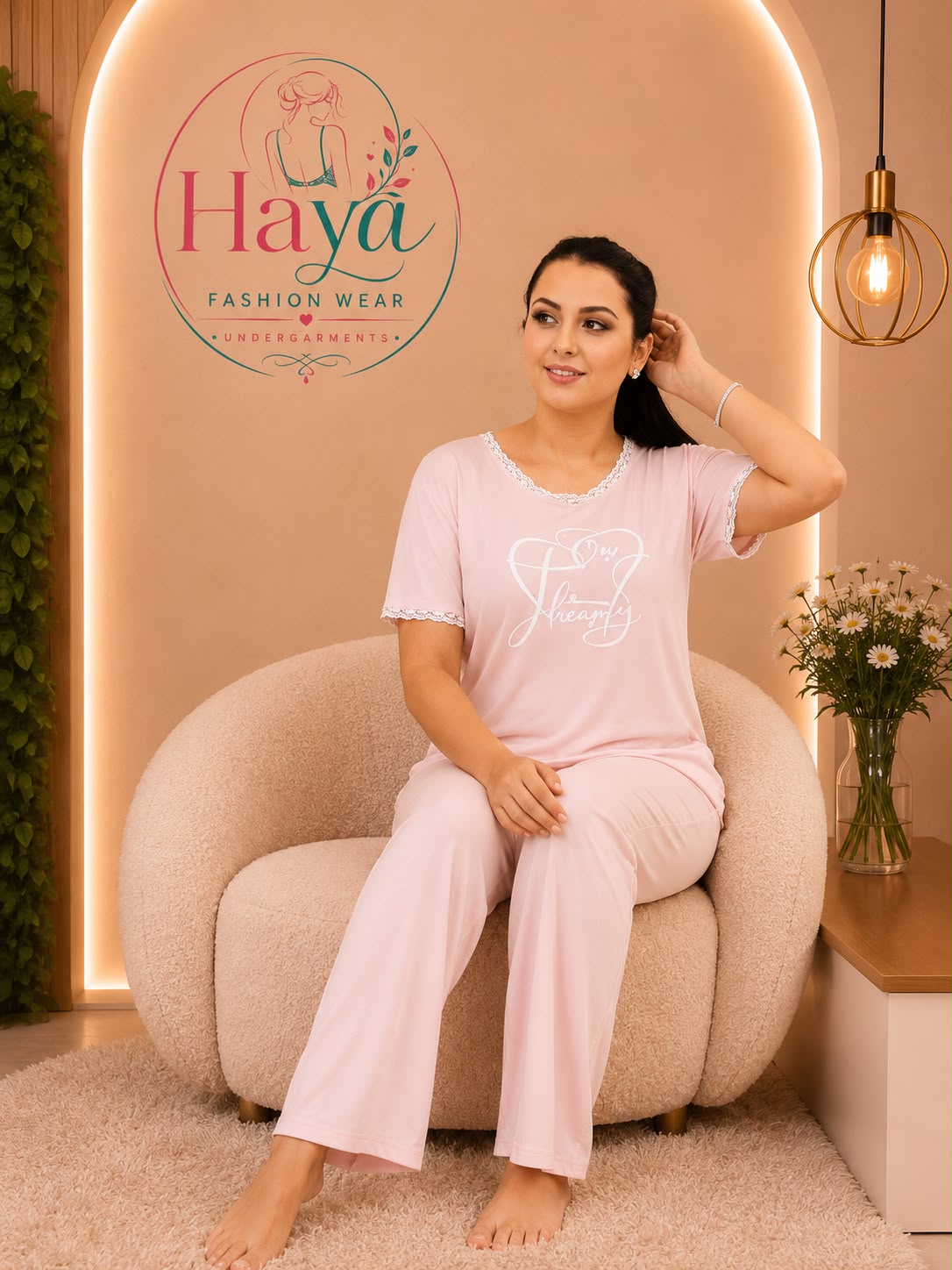 Comfortable Light Pink Graphic Pajama & T-Shirt Set