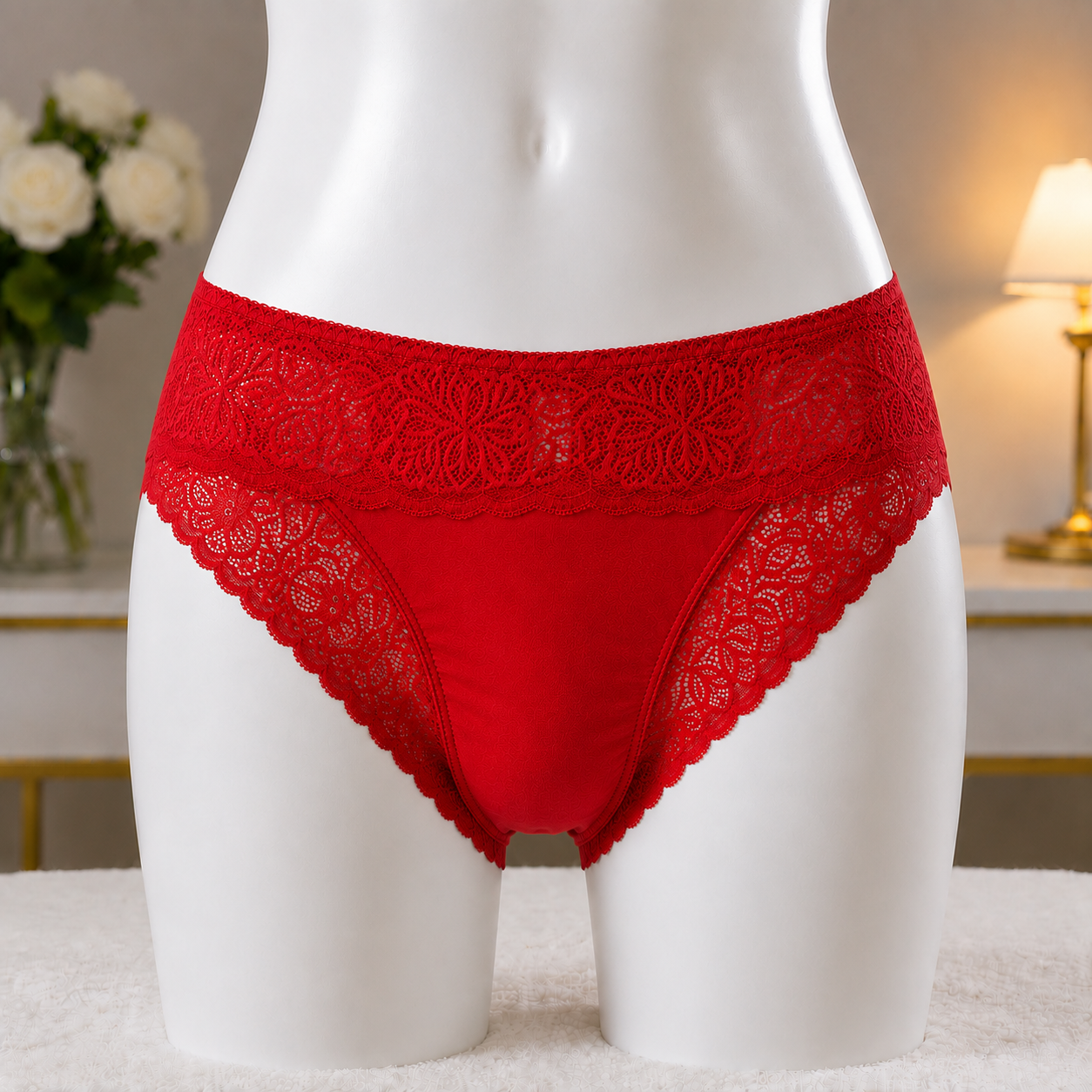 Deep red  Premium Lace Trim Briefs - Elegant Soft Cotton underwear