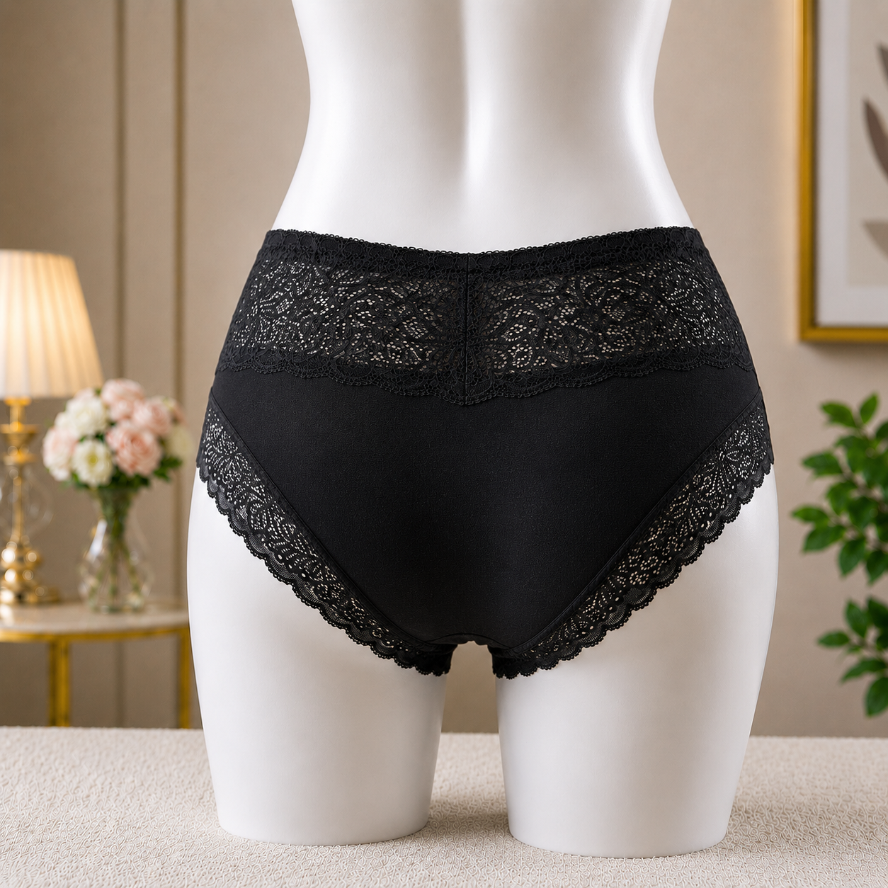 black Premium Lace Trim Briefs - Elegant Soft Cotton underwear