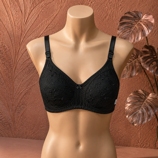 Elegant Floral Embroidered Non-Padded Support Bra black