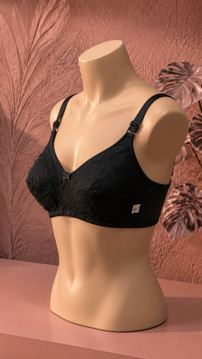 Elegant Floral Embroidered Non-Padded Support Bra black