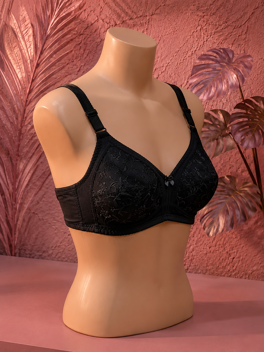Women's Full Coverage Floral Embroidered Bra black