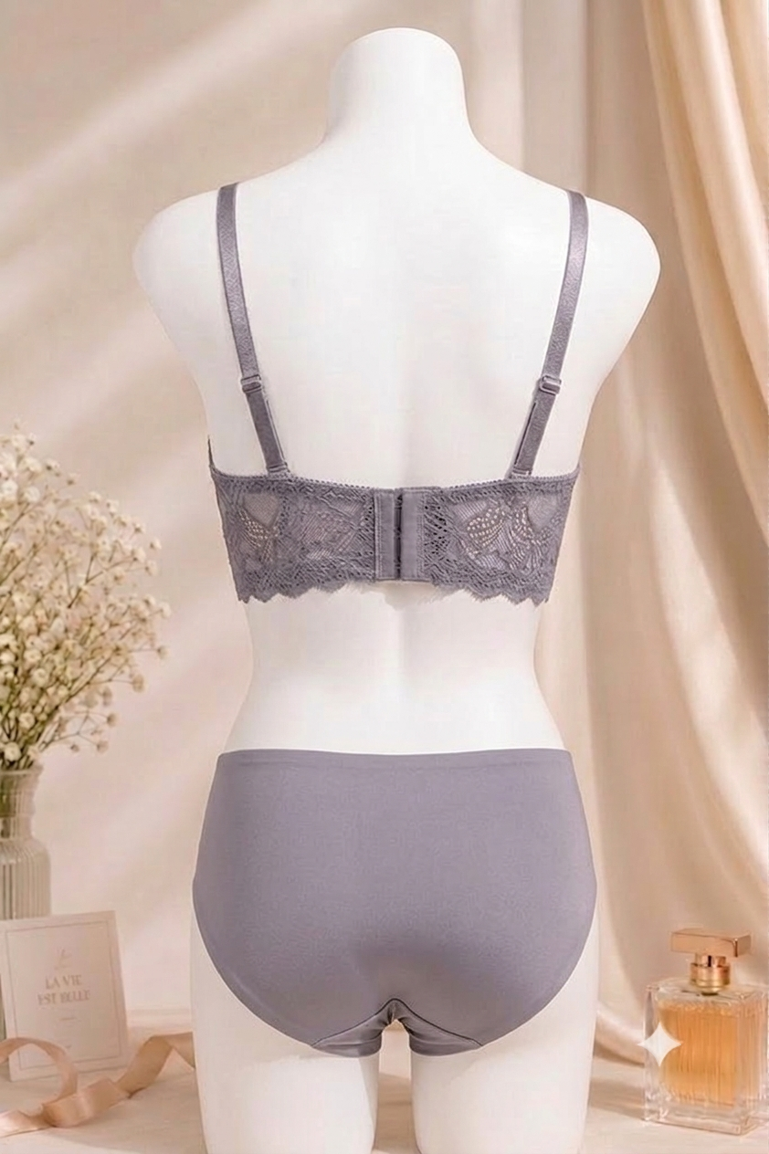 Women's Lavender Grey Lace Push-Up Bra & Panty Set