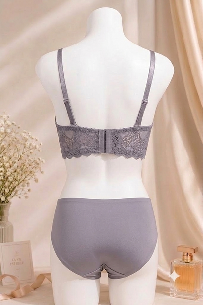 Women's Lavender Grey Lace Push-Up Bra & Panty Set