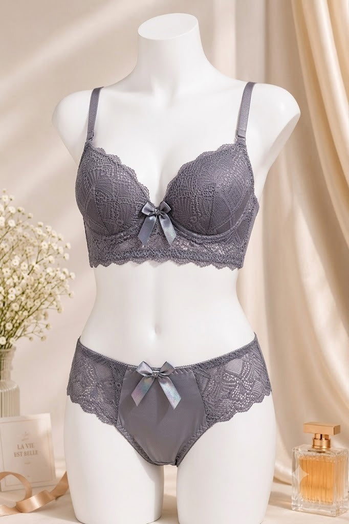 Women's Lavender Grey Lace Push-Up Bra & Panty Set