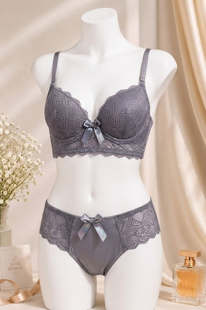 Women's Lavender Grey Lace Push-Up Bra & Panty Set