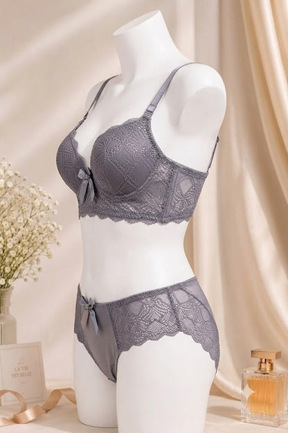 Women's Lavender Grey Lace Push-Up Bra & Panty Set