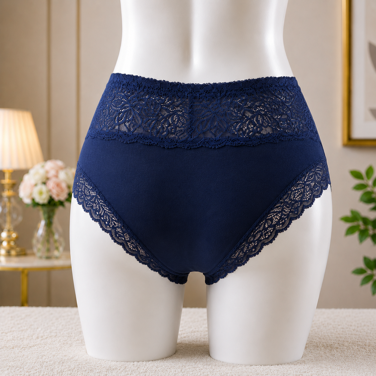 Navy Blue Premium Lace Trim Briefs - Elegant Soft Cotton underwear