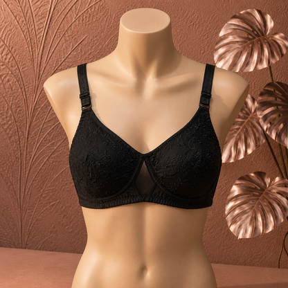 Premium soft black Embroidered Support Bra for Women