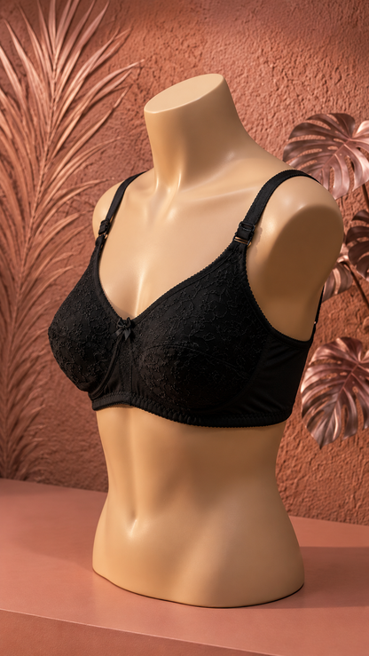 Premium soft black Embroidered Support Bra for Women