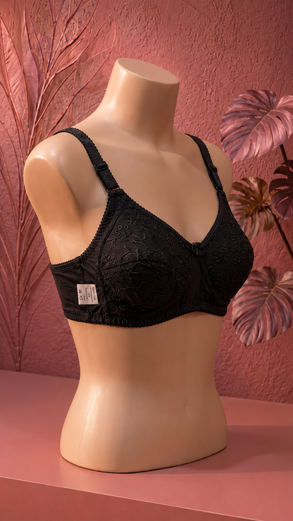 Premium soft black Embroidered Support Bra for Women