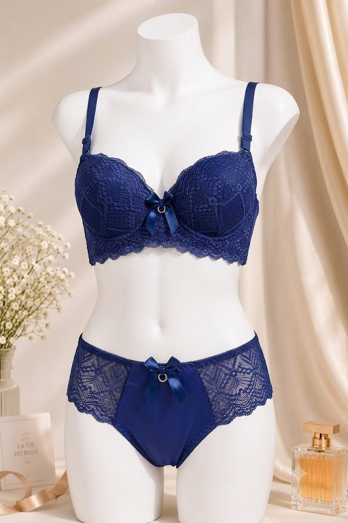 Women's Dark Blue Lace Push-Up Bra & Panty Set