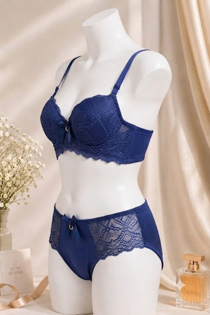 Women's Dark Blue Lace Push-Up Bra & Panty Set