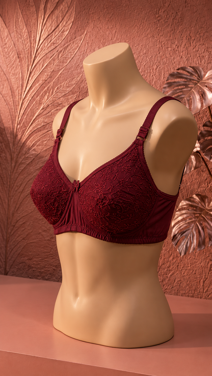 Premium soft Maroon Embroidered Support Bra for Women