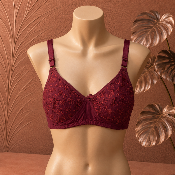 Premium soft Maroon Embroidered Support Bra for Women