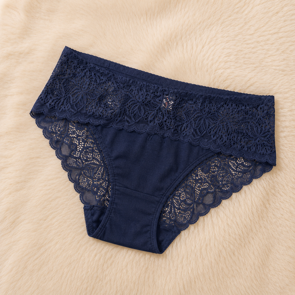 Navy Blue Premium Lace Trim Briefs - Elegant Soft Cotton underwear