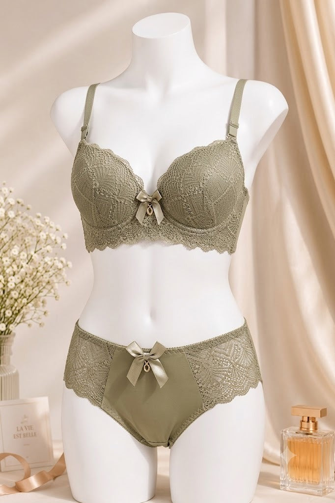 Women's Sage Green Lace Push-Up Bra & Panty Set