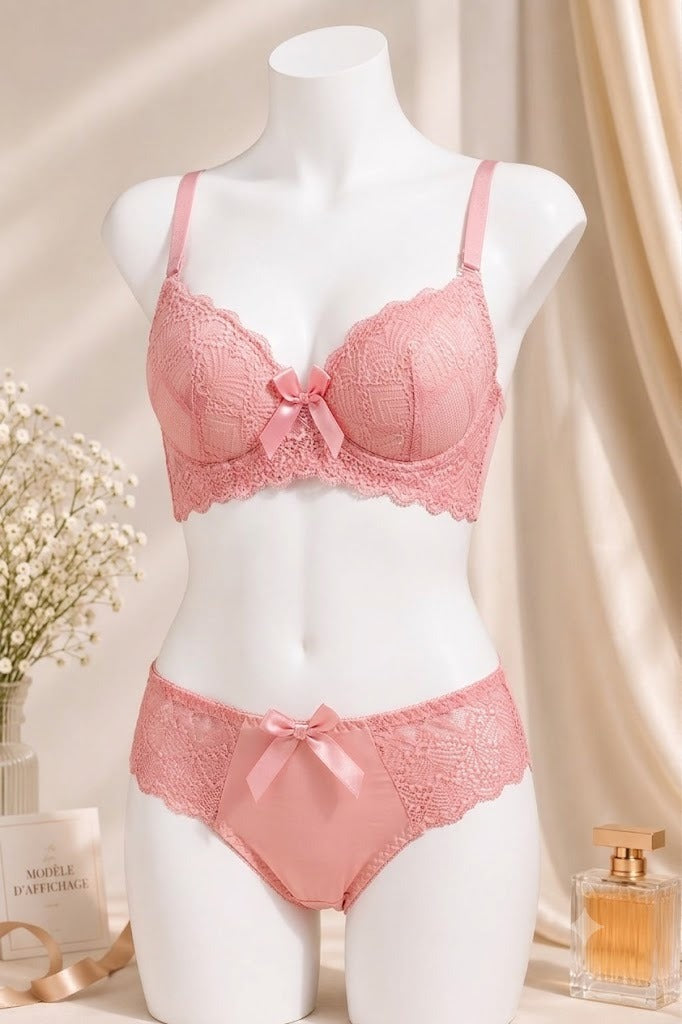 Women's Baby Pink Lace Push-Up Bra & Panty Set