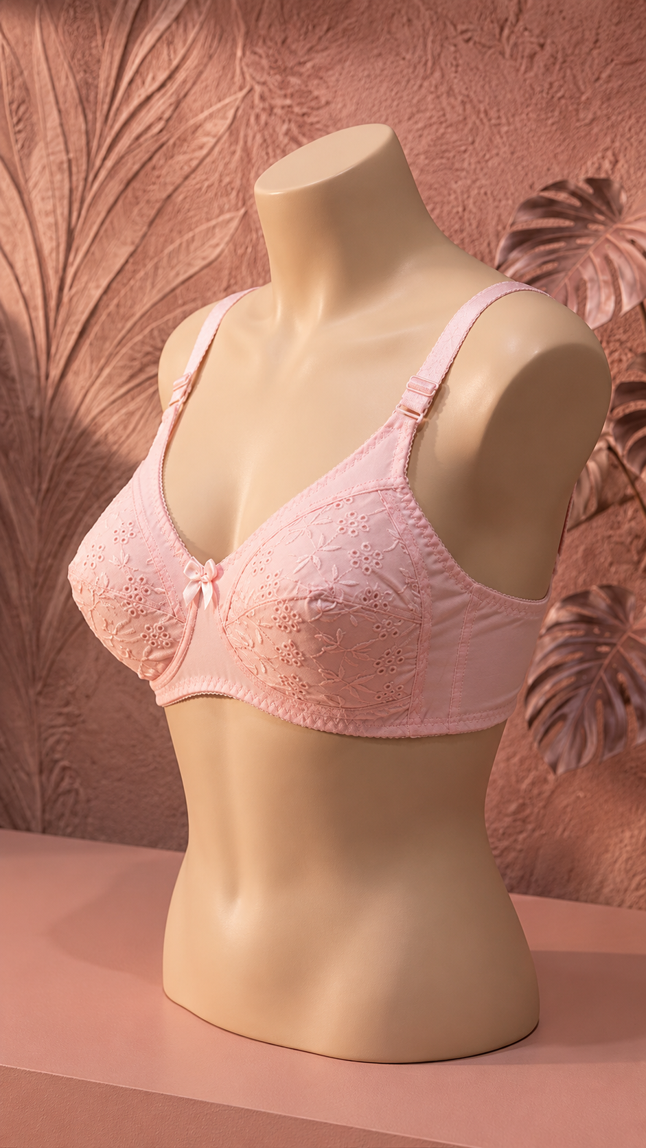 Elegant Floral Embroidered Non-Padded Support Bra – Light Pink