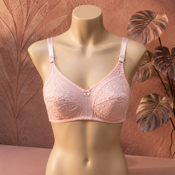 Elegant Floral Embroidered Non-Padded Support Bra – Light Pink