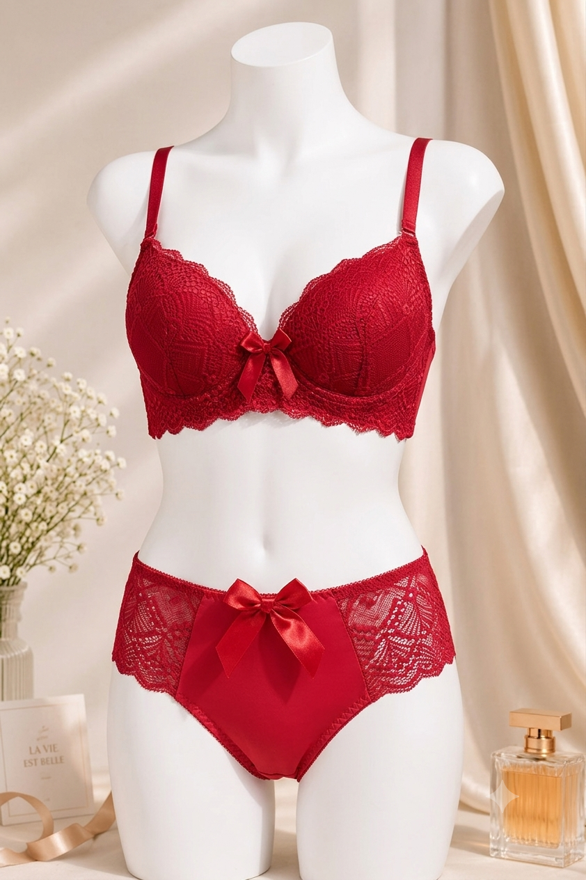 Women's Red Lace Push-Up Bra & Panty Set