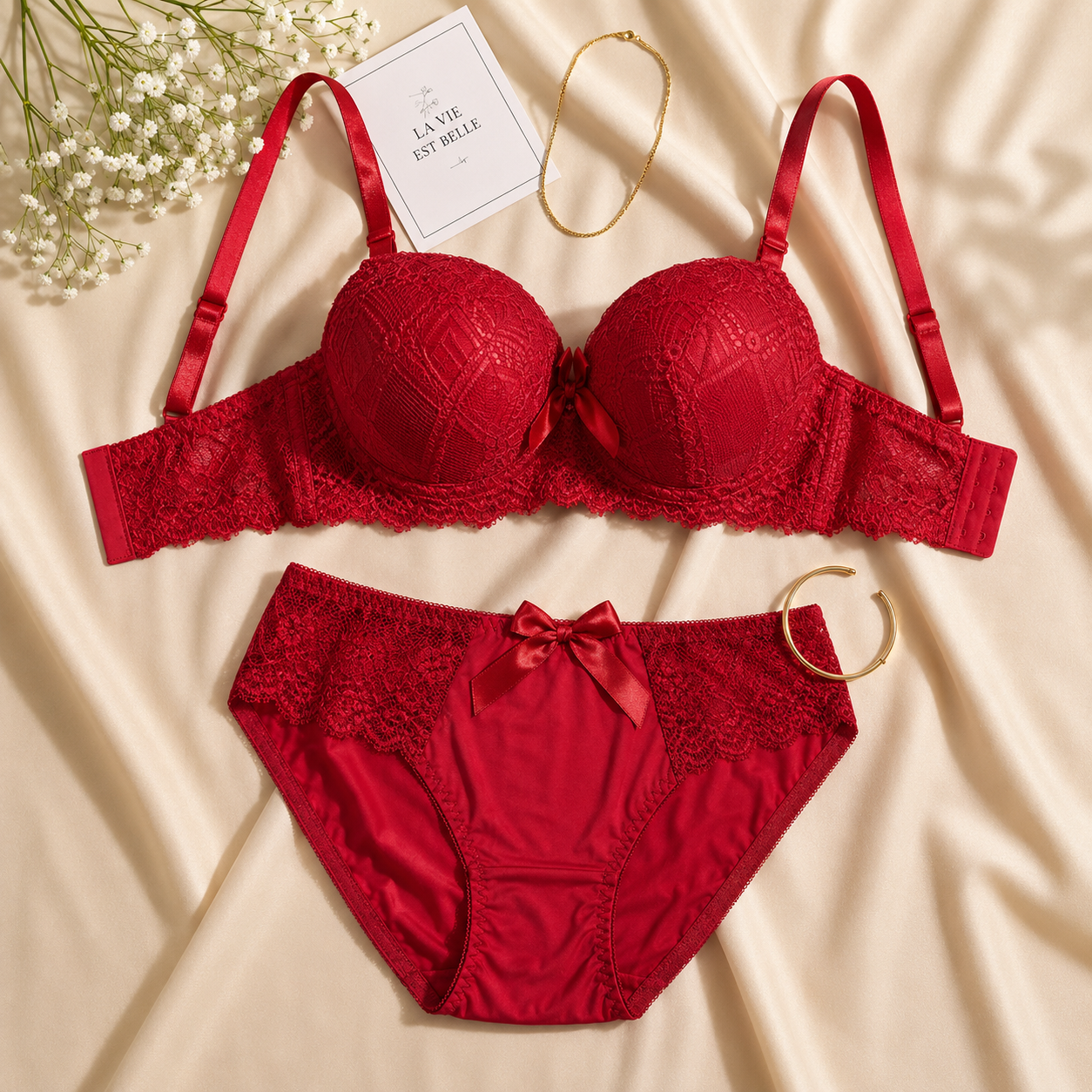 Women's Red Lace Push-Up Bra & Panty Set