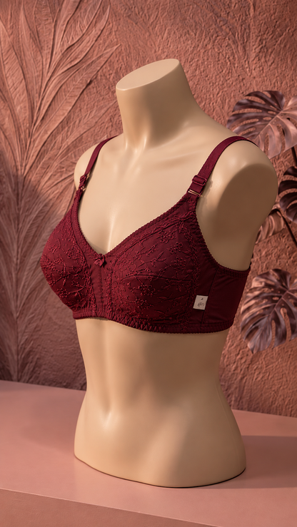 Elegant Floral Embroidered Non-Padded Support Bra – Deep Maroon