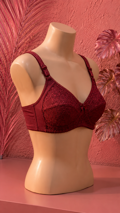Luxury Floral Lace Comfort Bra dark red