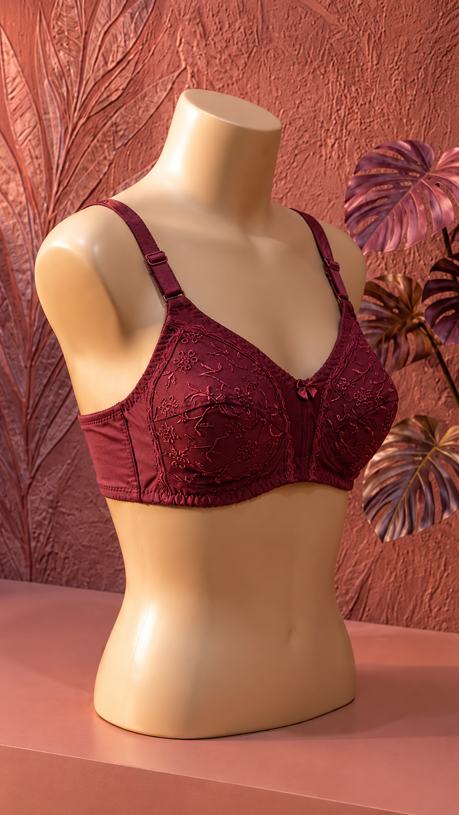 Elegant Floral Embroidered Non-Padded Support Bra – Deep Maroon